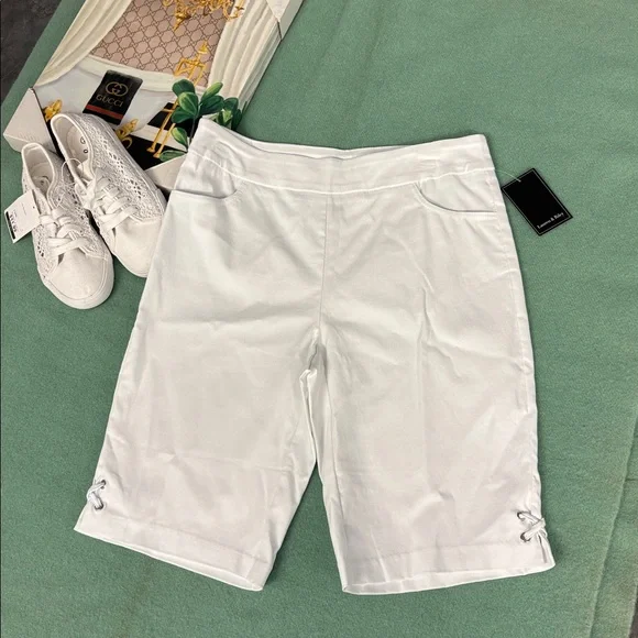 NWT Lauren & Riley Elegant White Women's Bermuda Shorts Lace Slits Pockets L - Picture 8 of 16